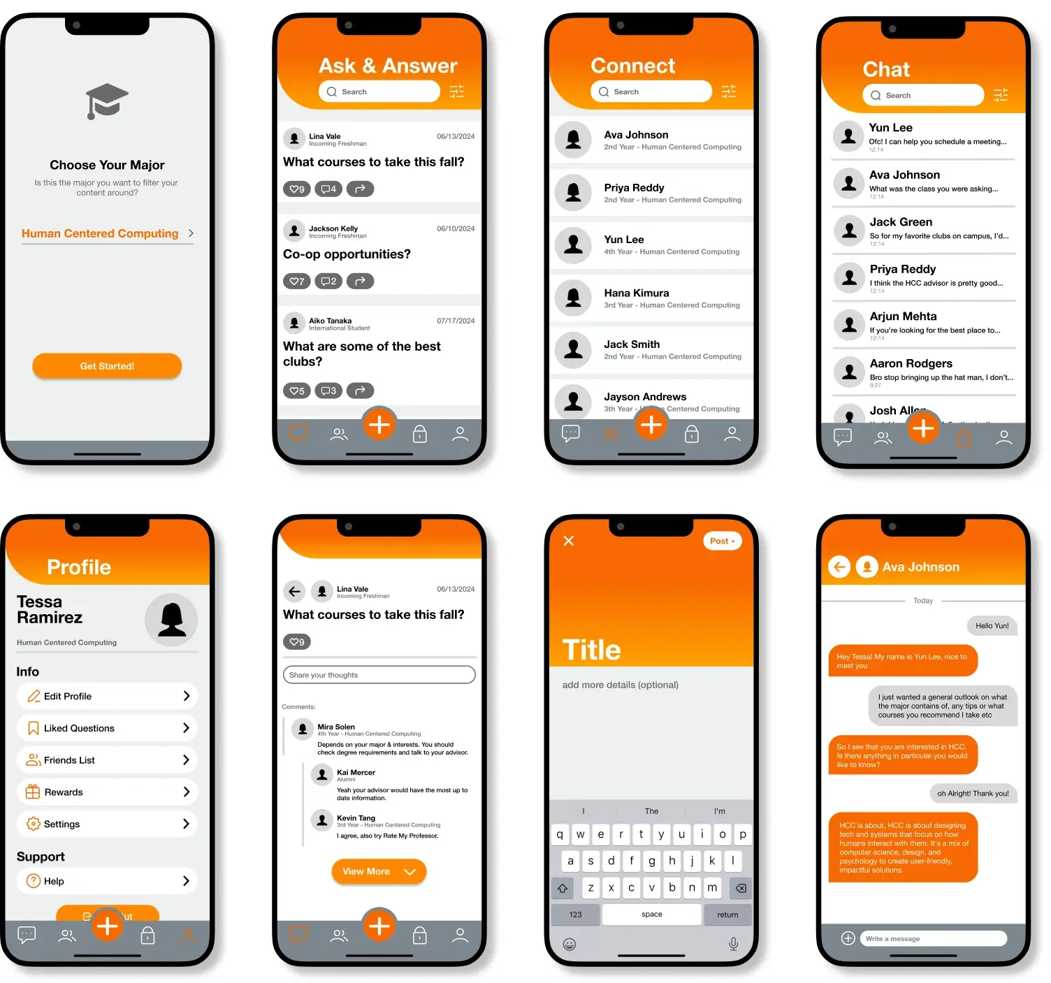 image of a set of 8 screens reprsentative of the most important features of the app
